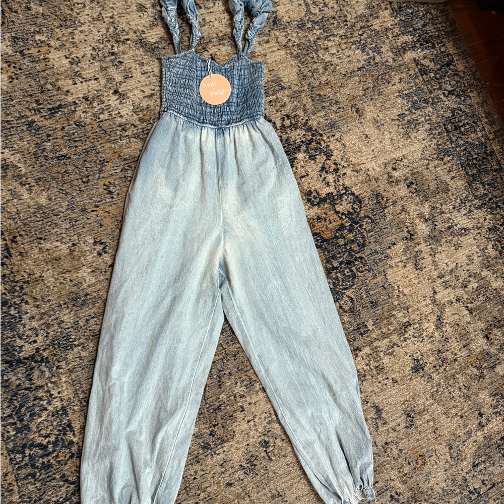 Sage + Paige Pink Diamond Blue Textured Denim Jumpsuit Ruffle Size 2